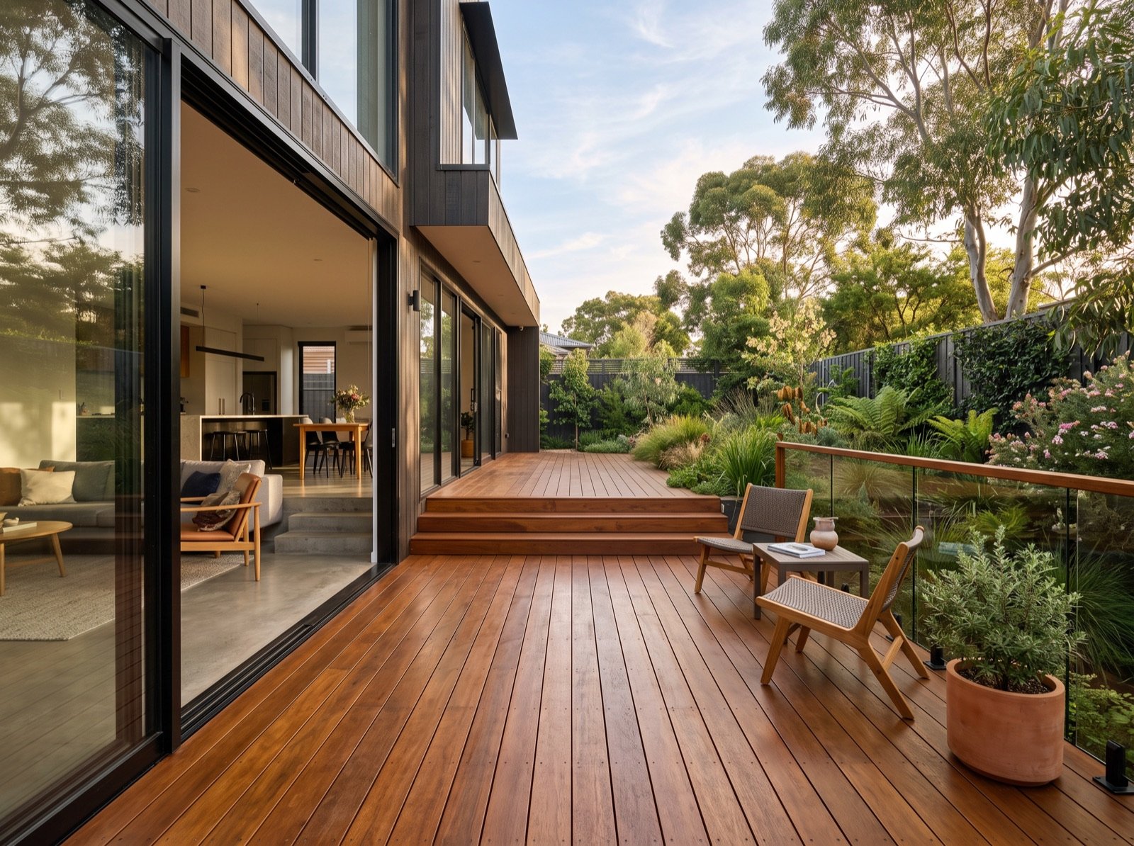 Renovated rear of a home opening onto a new timber deck and garden