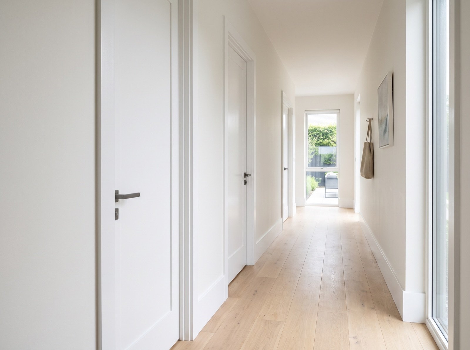 Renovated hallway with new oak flooring, fresh walls and new doors