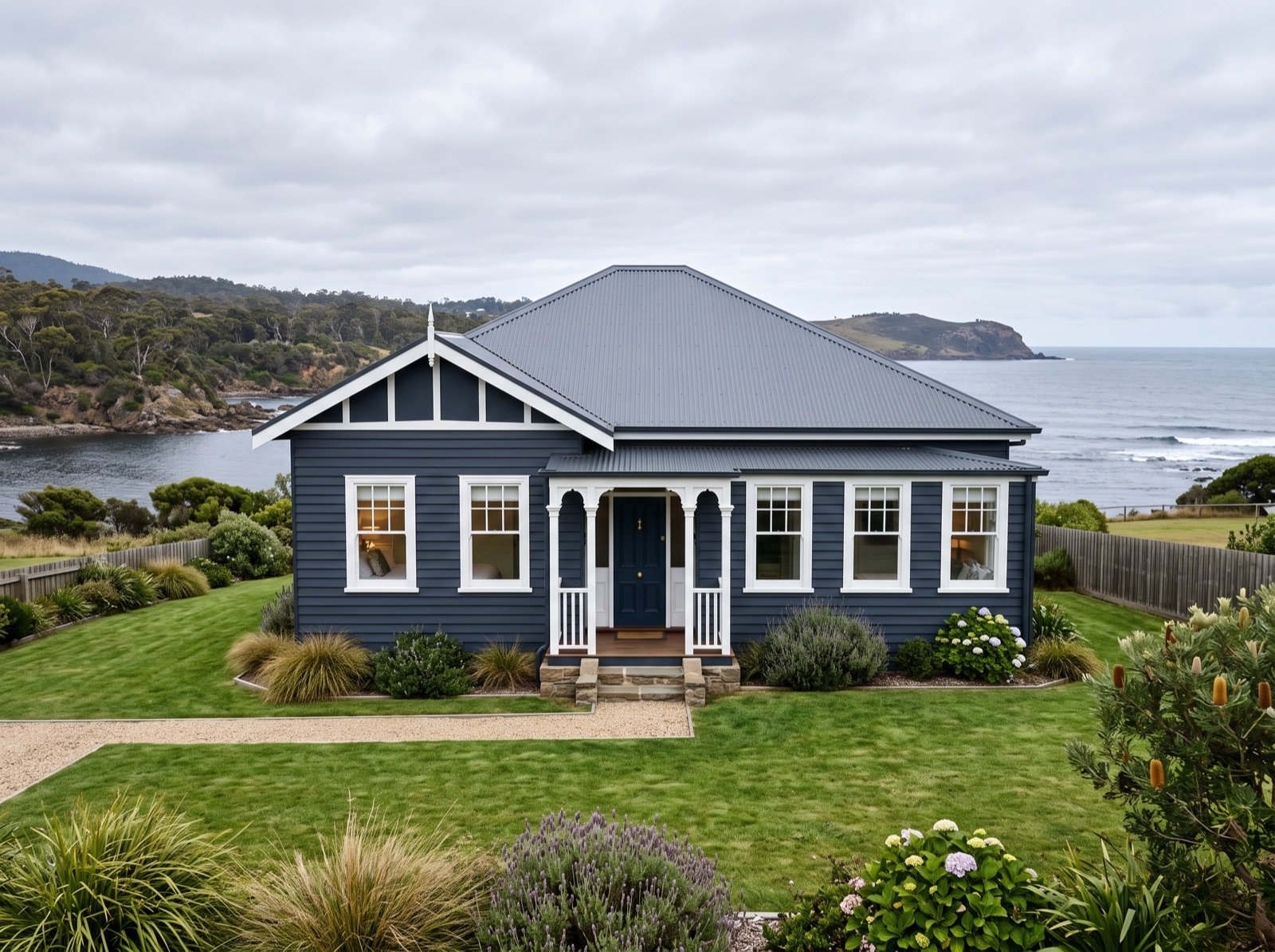 Restored weatherboard cottage painted deep navy with white trim