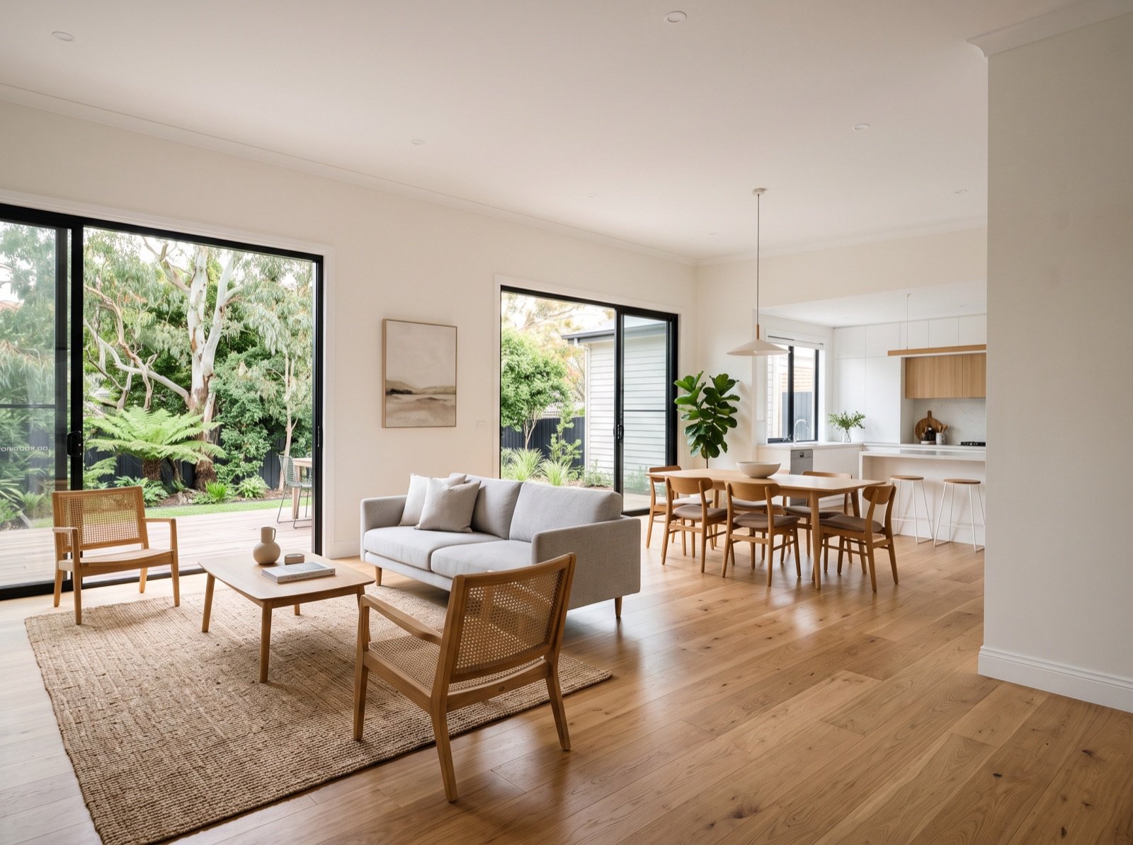 Renovated open-plan living, dining and kitchen space with oak flooring opening onto a garden