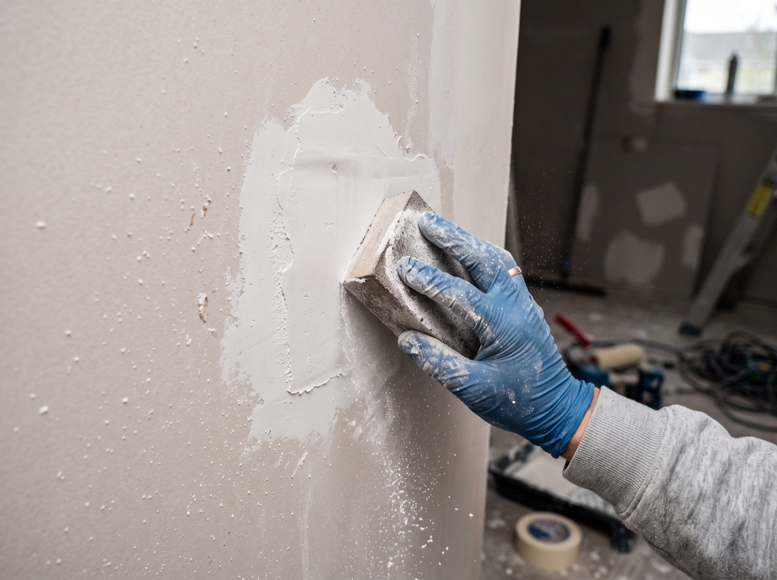Plaster being patched and sanded flat during a renovation