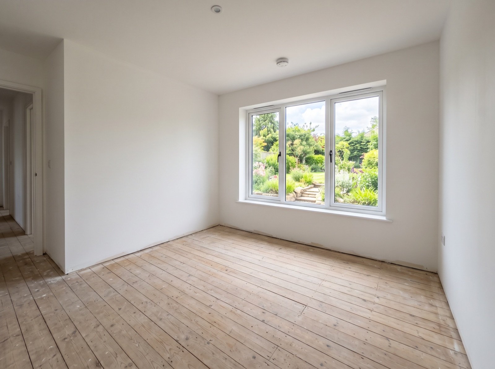 Room stripped back to bare floorboards and fresh plaster mid-renovation